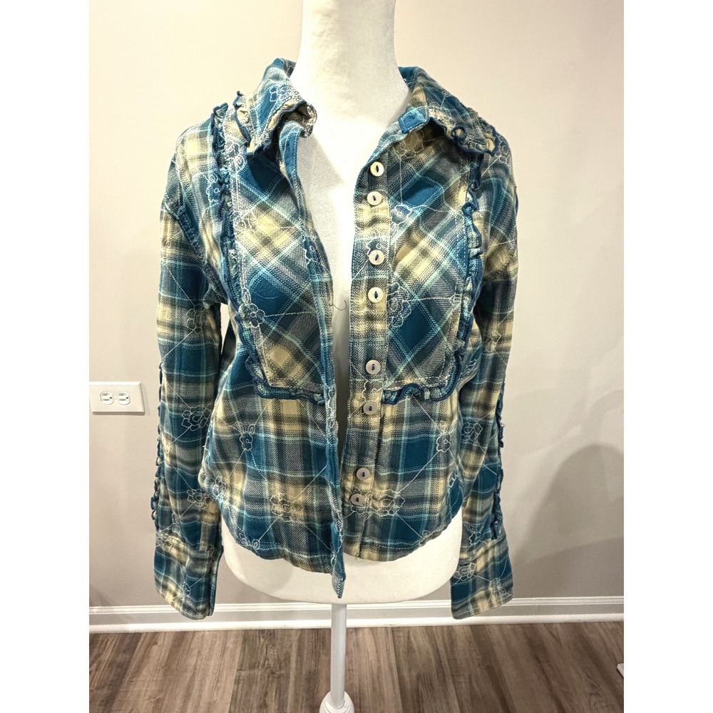 NWT Free People We The Free Plaid Embroidered Ruffle Shirt Navy XS Cottage Boho